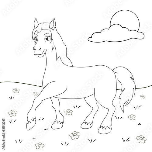 Coloring page outline of cartoon horse. Page for coloring book of funny foal for kids. Activity colorless picture about cute animals. Anti-stress page for child. Black and white vector illustration.