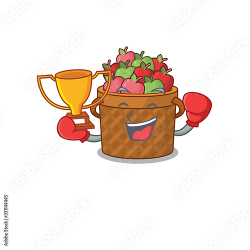 Happy face of boxing winner apple basket in mascot design style