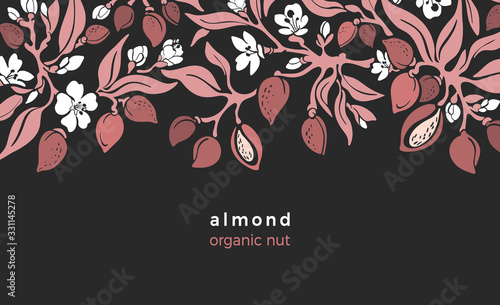 Almond border. Vector floral illustration Bio food
