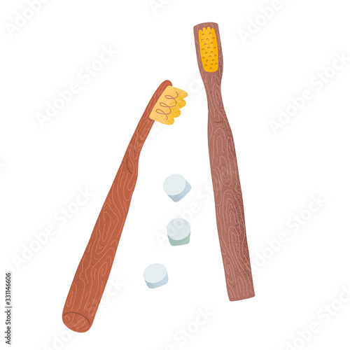 Bamboo toothbrush with natural toothpaste tablets, eco friendly tool, hand drawn vector illustration isolated, natural wooden biogradable tooth brushes, sustainable lifestyle