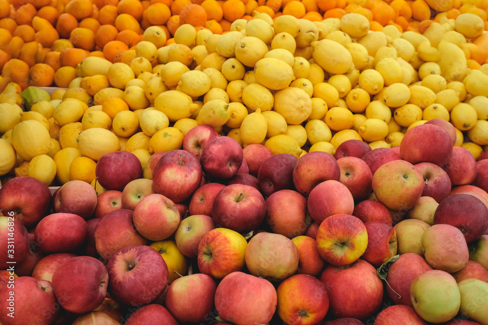 close up fresh organic fruits on a market