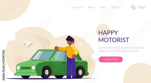 Happy motorist concept. People stands next to his red car. Buying or service for cars. Modern flat vector illustration. Landing web page template.
