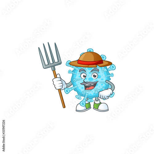 Fever coronavirus in Farmer mascot design with hat and pitchfork