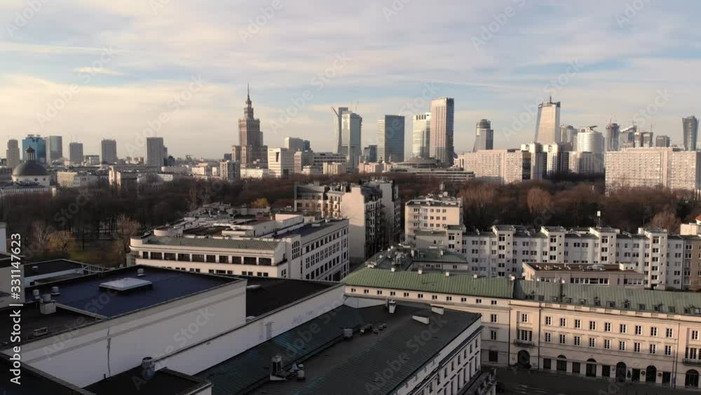 Cinematic aerial view of Warsaw at sunset. Silent Warsaw skyline during coronavirus emergency Cinematic aerial view of Warsaw at sunset. Silent Warsaw skyline during coronavirus emergency