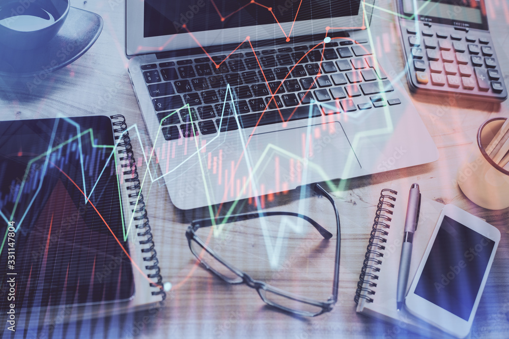 Stock market graph and table with computer background. Multi exposure. Concept of financial analysis. Stock market graph and table with computer background. Multi exposure. Concept of financial analysis.