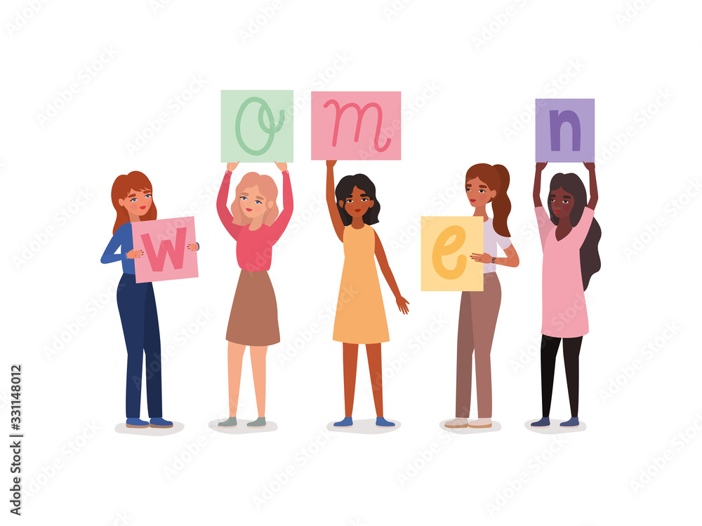 Women avatars holding banners vector design Women avatars holding banners vector design