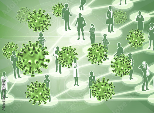 A virus epidemic spreading concept with stylised virus cells, like corona virus cell molecules spreading between a network of people.