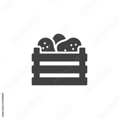 Potato box vector icon. filled flat sign for mobile concept and web design. Wooden crate with potato glyph icon. Harvest symbol, logo illustration. Vector graphics