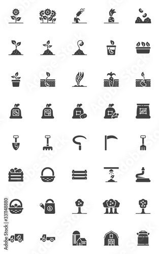 Agriculture and Farming vector icons set, modern solid symbol collection, filled style pictogram pack. Signs, logo illustration. Set includes icons as seedling, seed pack, cultivation, vegetable