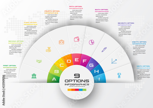 Half business circle infographics 9 steps,Abstract design element,Vector illustration.