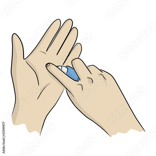 Top view of close-up hands using hand sanitizer gel pump dispenser spray to protect Covid-19 virus or coronavirus vector illustration sketch doodle hand drawn isolated on white background