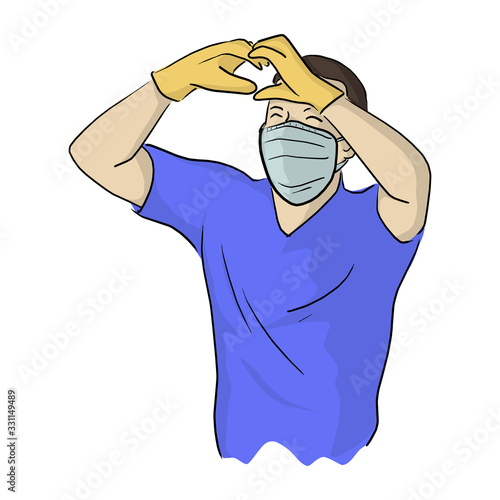 young man in medical mask and gloves shows a heart symbol with his hands vector illustration sketch doodle hand drawn isolated on white background