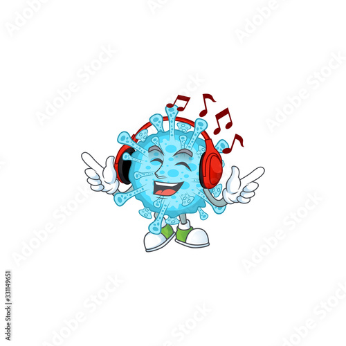 cartoon mascot design of fever coronavirus enjoying music