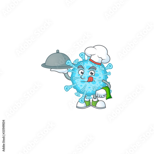 chef cartoon character of fever coronavirus with food on tray