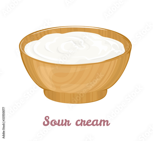 Sour cream in wooden bowl isolated on white background. Fermented milk product vector illustration in cartoon flat style. Dairy farm food.