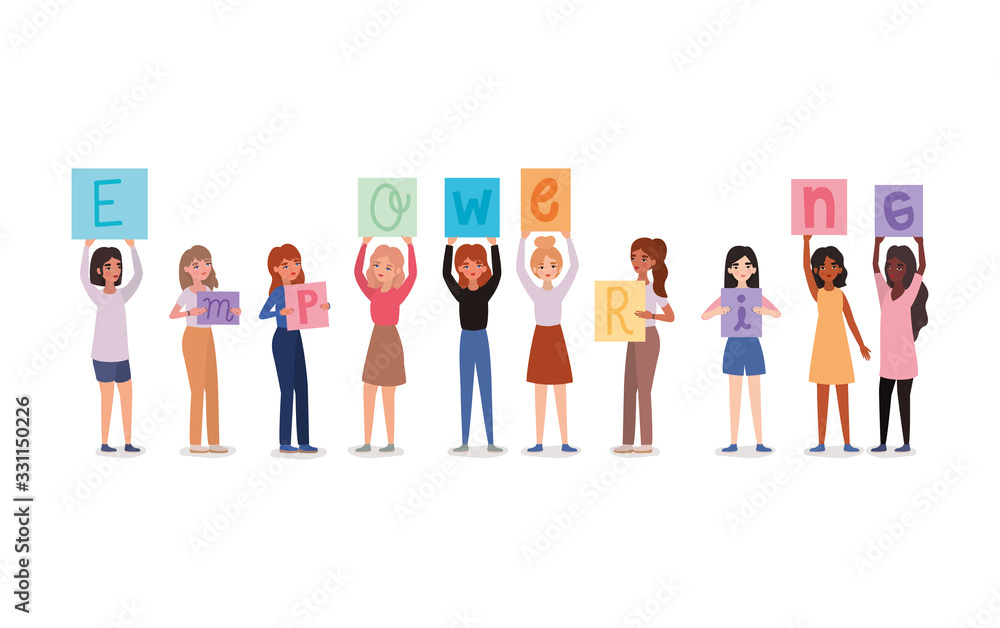 Obraz premium Women avatars holding empowering text banners vector design