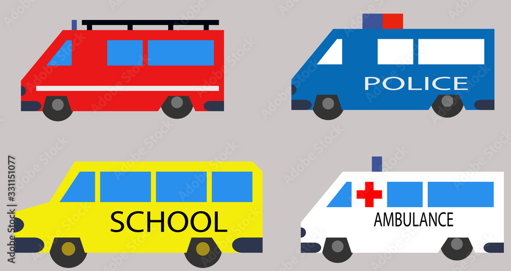 cars of fire, medical and police services together with a school car