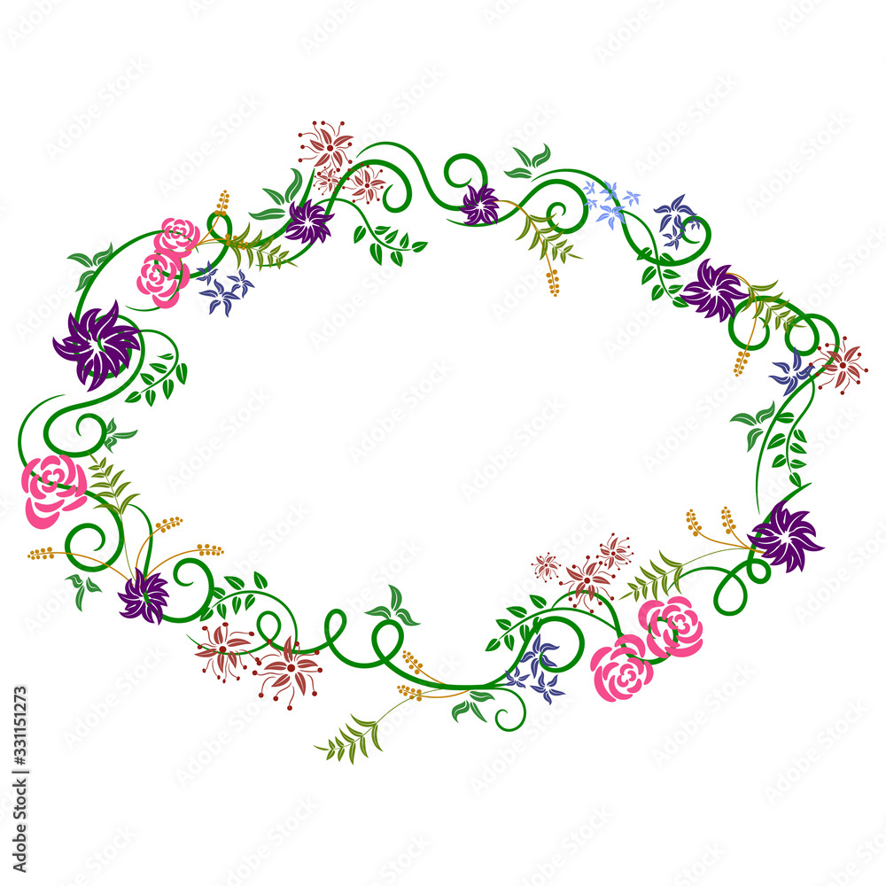 Flower meadow of flowers, leaves, curls in the form of a frame for design Flower meadow of flowers, leaves, curls in the form of a frame for design