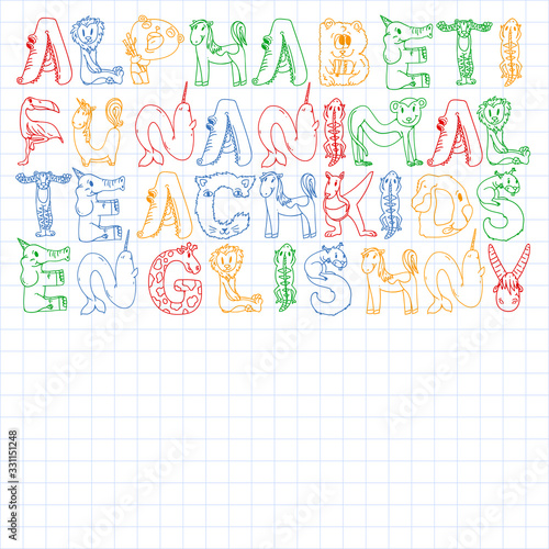 Animal alphabet. Zoo alphabet. Letters from A to Z. Cartoon cute animals. Elephant, dog, flamingo, giraffe, horse, alligator, bear, cat. © Anastasia