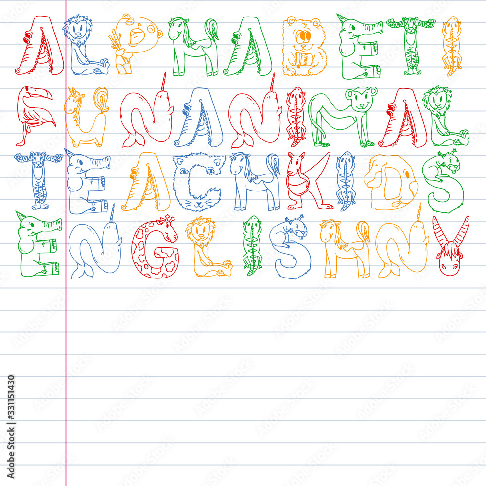 Animal alphabet. Zoo alphabet. Letters from A to Z. Cartoon cute animals. Elephant, dog, flamingo, giraffe, horse, alligator, bear, cat. Animal alphabet. Zoo alphabet. Letters from A to Z. Cartoon cute animals. Elephant, dog, flamingo, giraffe, horse, alligator, bear, cat.