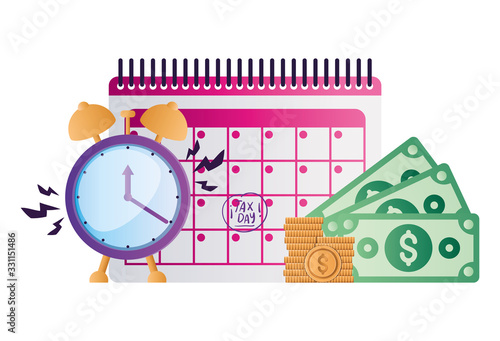 tax day calendar clock bills and coins vector design