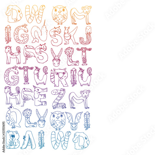 Animal alphabet. Zoo alphabet. Letters from A to Z. Cartoon cute animals. Elephant  dog  flamingo  giraffe  horse  alligator  bear  cat.