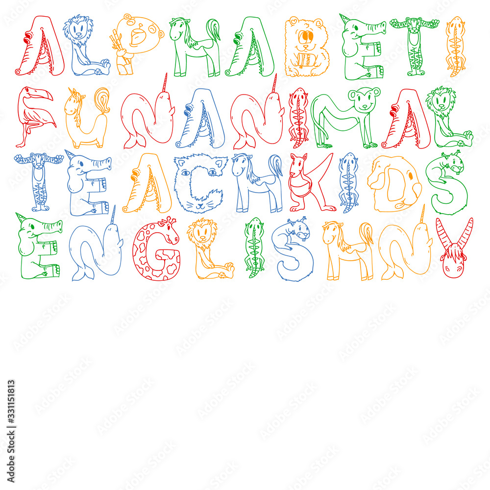 Animal alphabet. Zoo alphabet. Letters from A to Z. Cartoon cute animals. Elephant, dog, flamingo, giraffe, horse, alligator, bear, cat. Animal alphabet. Zoo alphabet. Letters from A to Z. Cartoon cute animals. Elephant, dog, flamingo, giraffe, horse, alligator, bear, cat.