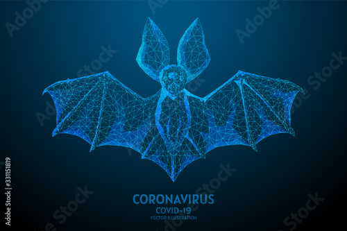 Bat is a carrier and spread of the virus infection of the Chinese coronavirus COVID-19. Carrier of infectious atypical pneumonia. SARS-CoV-2 pandemic. Low poly wireframe vector illustration.