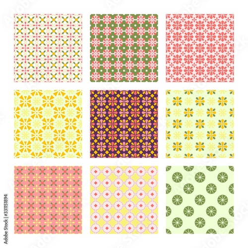 Collection of modern Moroccan style inspired vector seamless pattern. Abstract flower geometric pattern tiles. Pattern elements spring colors - yellow, pink and green. 