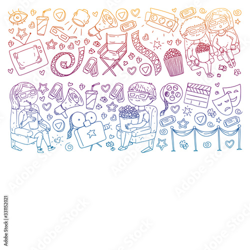 Cinema pattern with vector icons for wrapping paper, posters, banners, leaflets. 3d movie, tv, musical.