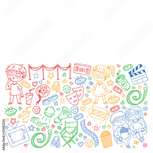 Cinema pattern with vector icons for wrapping paper, posters, banners, leaflets. 3d movie, tv, musical.
