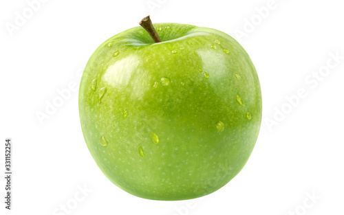 Perfect green apple with dew drops. Green apple isolated on white.
