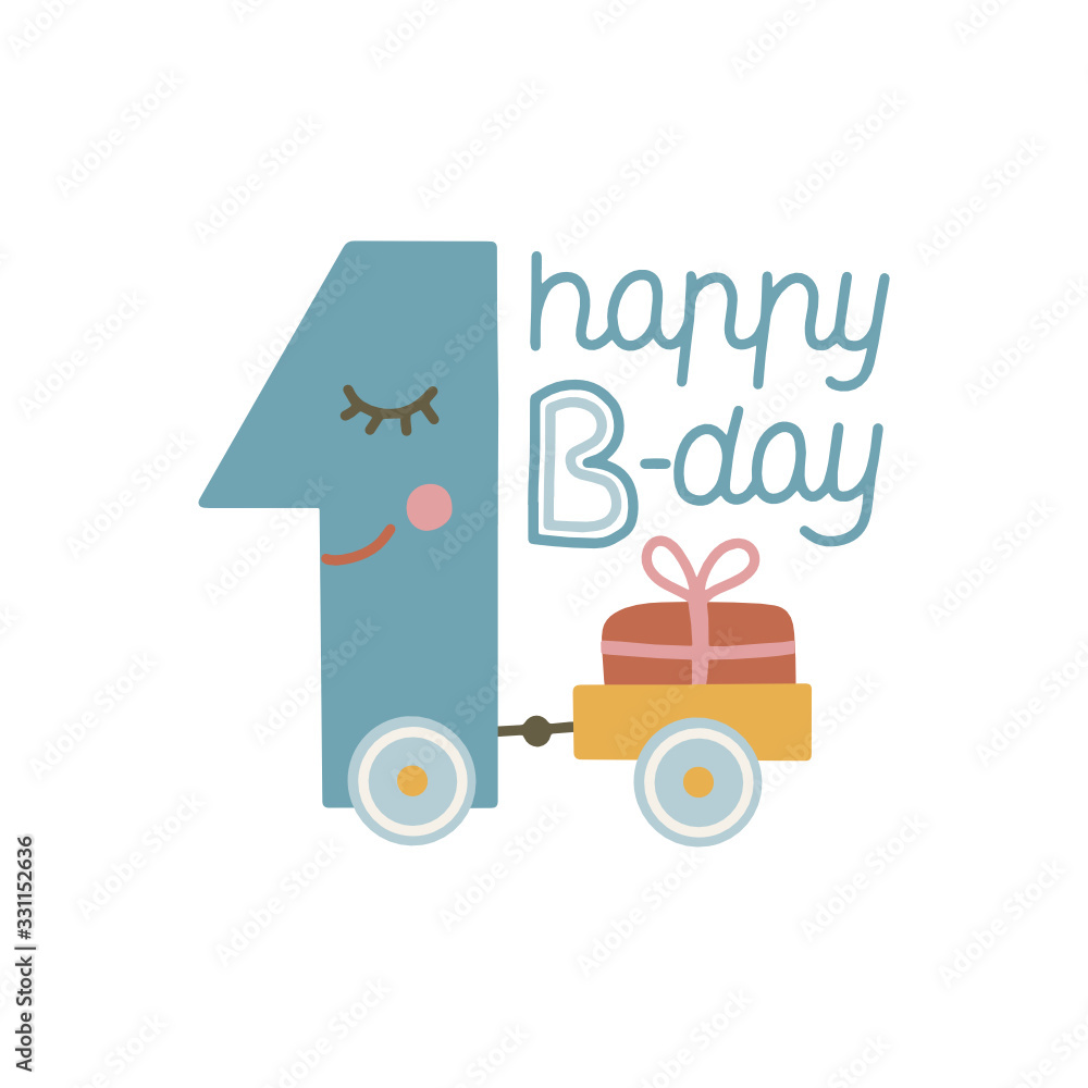First birthday greeting card.  A smiling Number 1 carries a gift in a trolley. Lettering HAPPY b-DAY.  Happy first birthday.