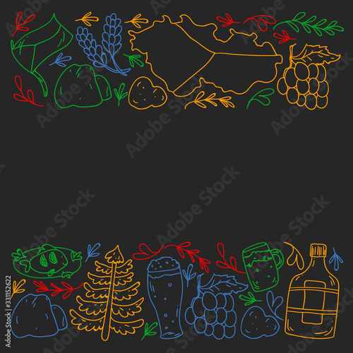 Vector pattern with symbols of Czech Republic. Set with tourism icons and landscapes elements. Travel to country. City, cathedral, building, European architecture. Illustration with landmarks