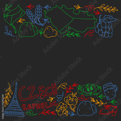 Vector pattern with symbols of Czech Republic. Set with tourism icons and landscapes elements. Travel to country. City, cathedral, building, European architecture. Illustration with landmarks