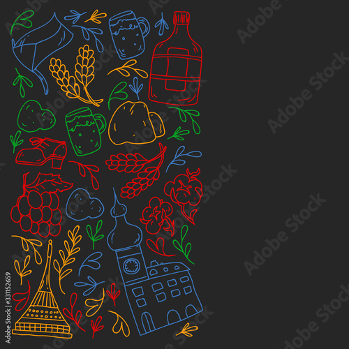 Vector pattern with symbols of Czech Republic. Set with tourism icons and landscapes elements. Travel to country. City, cathedral, building, European architecture. Illustration with landmarks