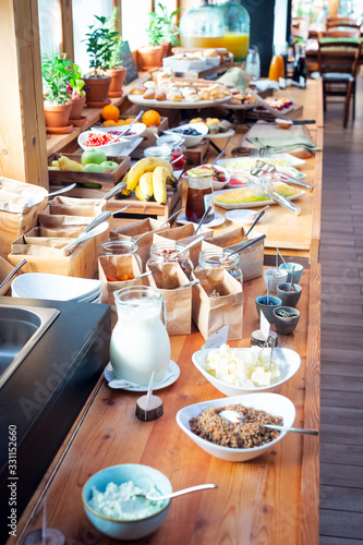  Breakfast buffet table filed with assorted foods