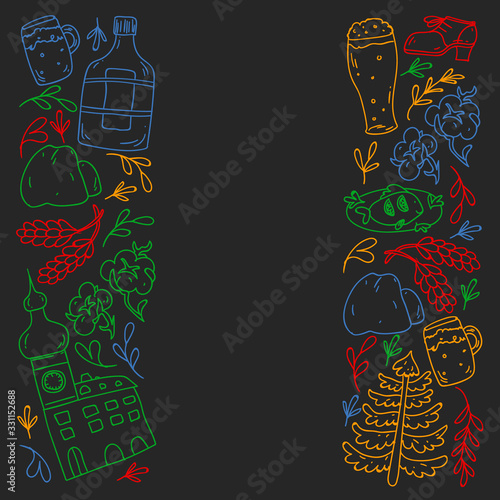 Vector pattern with symbols of Czech Republic. Set with tourism icons and landscapes elements. Travel to country. City, cathedral, building, European architecture. Illustration with landmarks