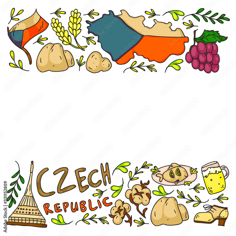 Fototapeta premium Vector pattern with symbols of Czech Republic. Set with tourism icons and landscapes elements. Travel to country. City, cathedral, building, European architecture. Illustration with landmarks