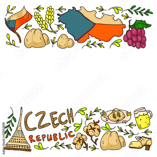 Vector pattern with symbols of Czech Republic. Set with tourism icons and landscapes elements. Travel to country. City, cathedral, building, European architecture. Illustration with landmarks