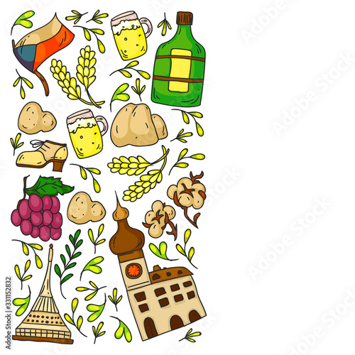 Vector pattern with symbols of Czech Republic. Set with tourism icons and landscapes elements. Travel to country. City, cathedral, building, European architecture. Illustration with landmarks