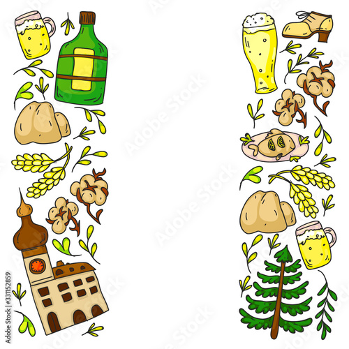 Vector pattern with symbols of Czech Republic. Set with tourism icons and landscapes elements. Travel to country. City, cathedral, building, European architecture. Illustration with landmarks