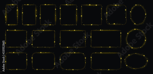 Thin golden line frames with gold light glow and shiny sparkles. Luxury frame, magic borders vector set