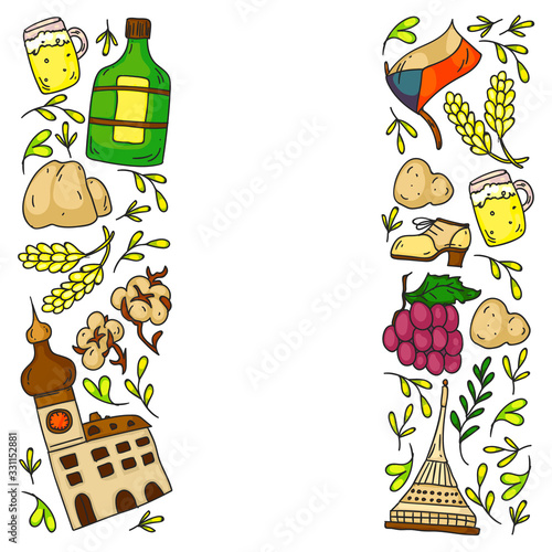 Vector pattern with symbols of Czech Republic. Set with tourism icons and landscapes elements. Travel to country. City, cathedral, building, European architecture. Illustration with landmarks