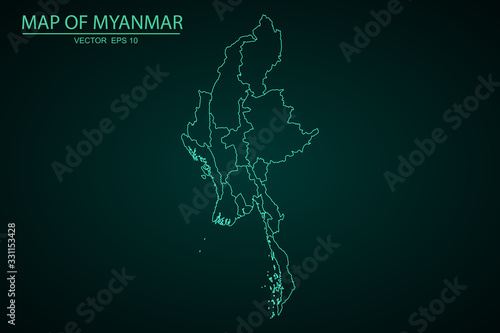 Map of Myanmar - Blue Geometric Rumpled Triangular , Polygonal Design For Your. High Detailed Blue Map of Myanmar isolated on white background. Vector illustration eps 10. - Vector