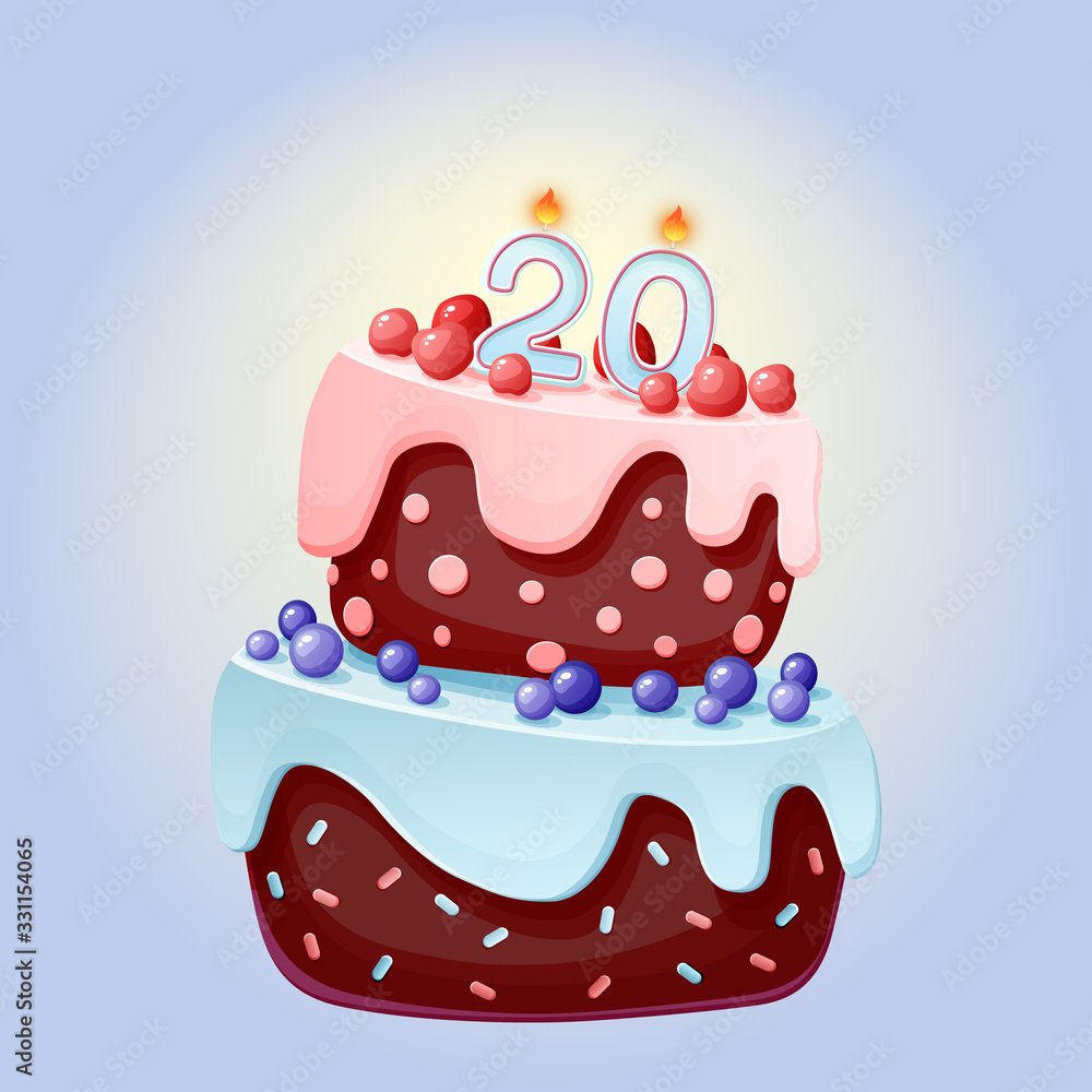 Cute cartoon 20 year birthday festive cake with candle number twenty. Chocolate biscuit with berries, cherries and blueberries. For parties, anniversaries Cute cartoon 20 year birthday festive cake with candle number twenty. Chocolate biscuit with berries, cherries and blueberries. For parties, anniversaries
