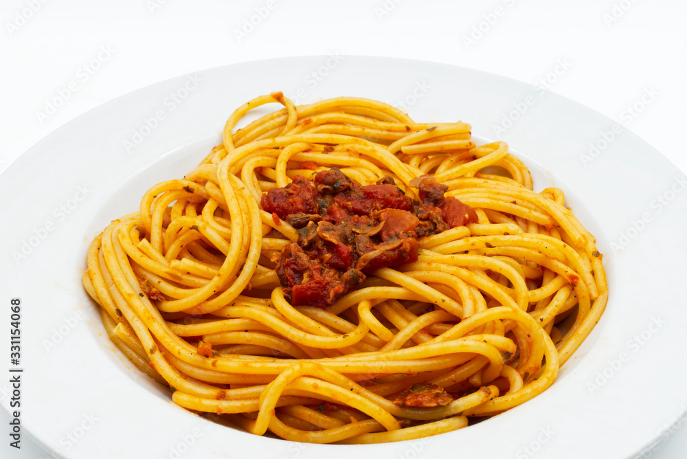 Italian seafood spaghetti with clams. Spaghetti alle Vongole isolated on white. Close-up Italian seafood spaghetti with clams. Spaghetti alle Vongole isolated on white. Close-up