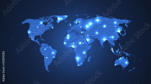 Technology abstract world map vector illustration circuit board texture background. futuristic circuit board banner wallpaper. Digital data. Engineering electronic motherboard. Minimal array Big Data.