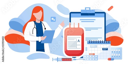 Medical blood test flat concept. Chemical laboratory analysis, medical office or laboratory. Patient blood in test tubes. Banner, flyer, landing page template. Exam checklist blank document