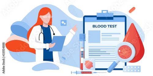 Medical blood test flat concept. Chemical laboratory analysis, medical office or laboratory. Patient blood in test tubes. Banner, flyer, landing page template. Exam checklist blank document